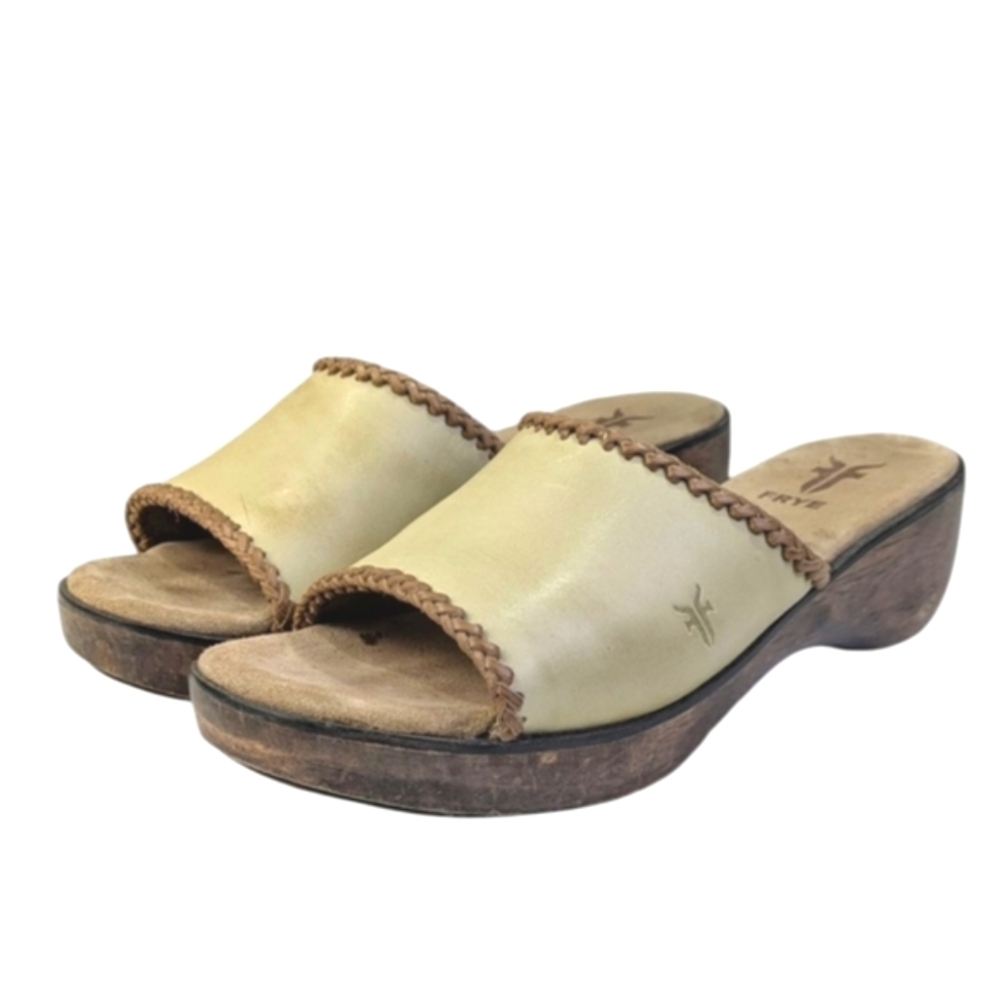 Frye Clog Sandals Women 9.5 Wooden and Leather Tan Brown Embroidered Detailing - Picture 6 of 12